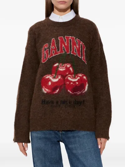 Ganni Brushed Alpaca Graphic Oversized Sweater In Brown