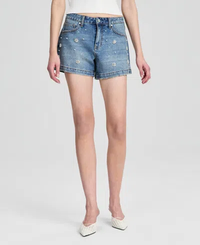And Now This Women's Faux-pearl Embellished Jean Shorts, Macy's Exclusive In Blue