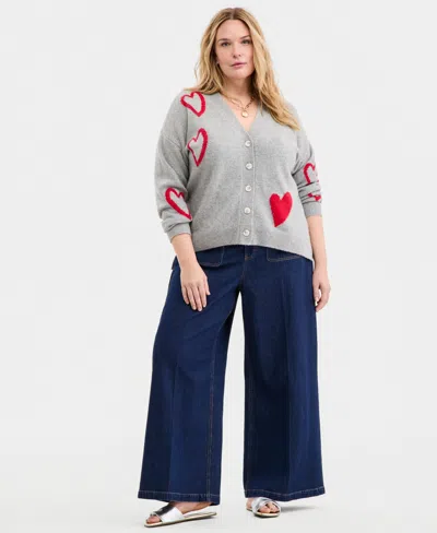 On 34th Trendy Plus Size Heart Intarsia-knit Cardigan, Macy's Exclusive In Gray