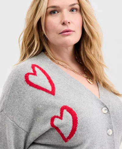 On 34th Trendy Plus Size Heart Intarsia-knit Cardigan, Macy's Exclusive In Gray
