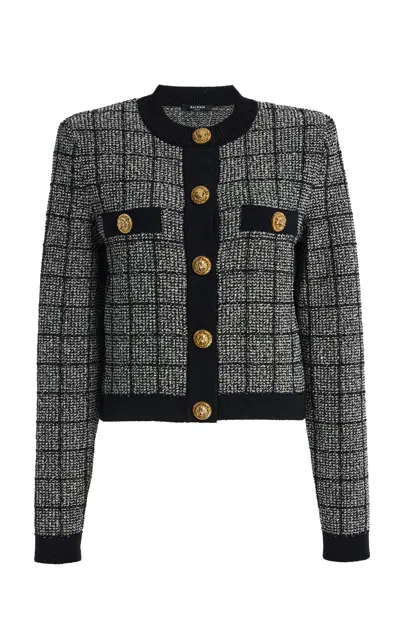 Balmain Cropped Tweed Check Cardigan Gold Buttons In Black