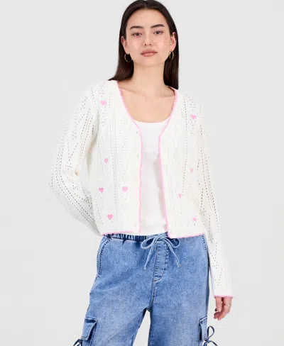 Hooked Up By Iot Juniors' Pointelle Embroidered Cardigan In Multi