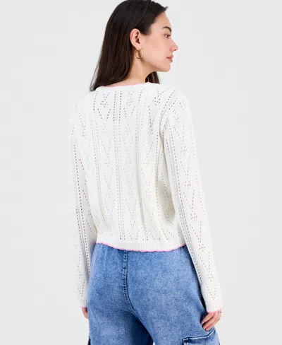 Hooked Up By Iot Juniors' Pointelle Embroidered Cardigan In Multi