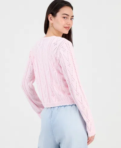 Hooked Up By Iot Juniors' Pointelle Embroidered Cardigan In Pink