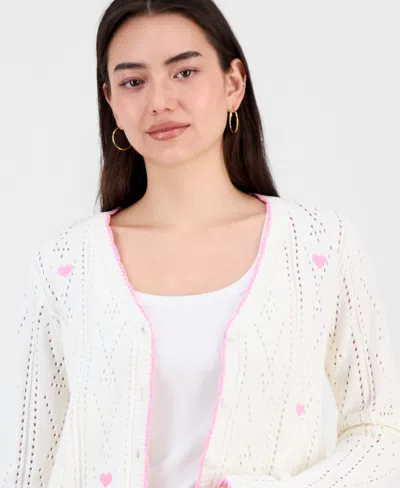 Hooked Up By Iot Juniors' Pointelle Embroidered Cardigan In Multi