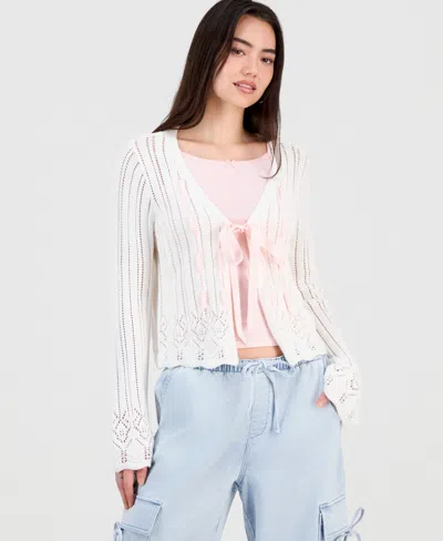 Hooked Up By Iot Juniors' Pointelle Tie-front Cardigan In Pink