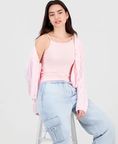 Hooked Up By Iot Juniors' Pointelle Embroidered Cardigan In Pink