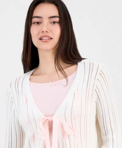 Hooked Up By Iot Juniors' Pointelle Tie-front Cardigan In Pink