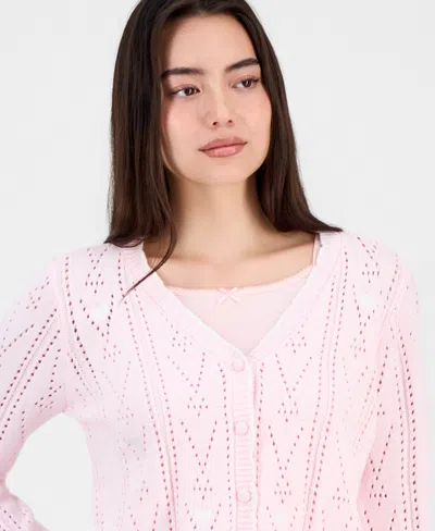 Hooked Up By Iot Juniors' Pointelle Embroidered Cardigan In Pink