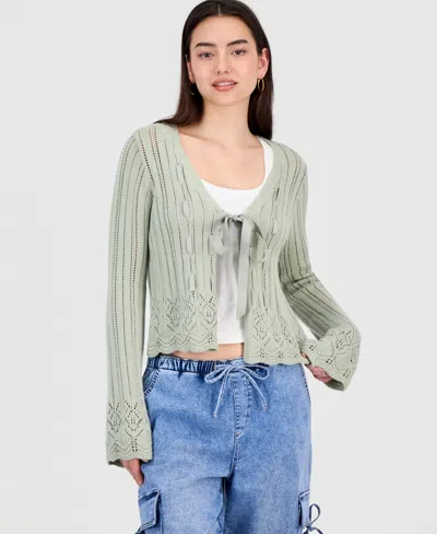 Hooked Up By Iot Juniors' Pointelle Tie-front Cardigan In Green