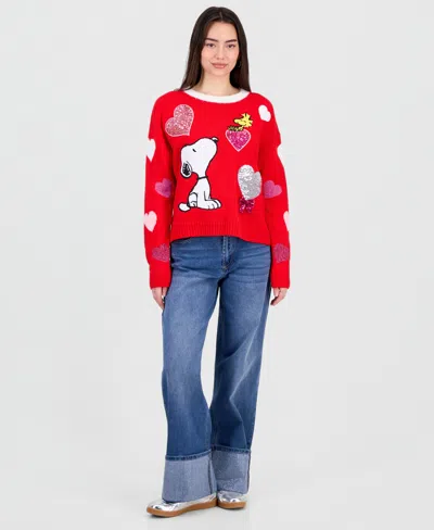 Hooked Up By Iot Juniors' Sequin Heart Snoopy Sweater In Red
