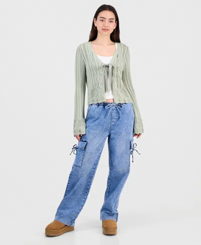 Hooked Up By Iot Juniors' Pointelle Tie-front Cardigan In Green