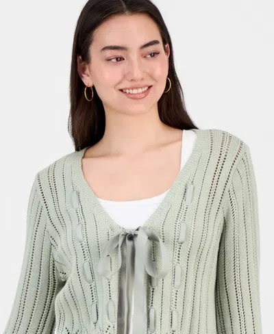 Hooked Up By Iot Juniors' Pointelle Tie-front Cardigan In Green