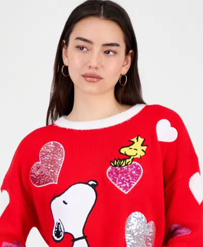 Hooked Up By Iot Juniors' Sequin Heart Snoopy Sweater In Red