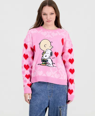 Hooked Up By Iot Juniors' Heart-knit Charlie Brown Sweater In Pink