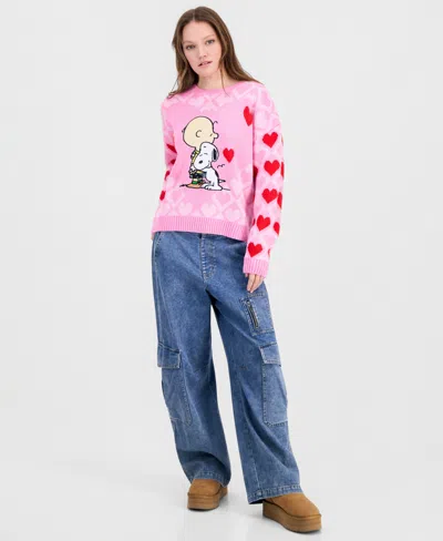 Hooked Up By Iot Juniors' Heart-knit Charlie Brown Sweater In Pink