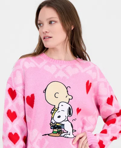 Hooked Up By Iot Juniors' Heart-knit Charlie Brown Sweater In Pink