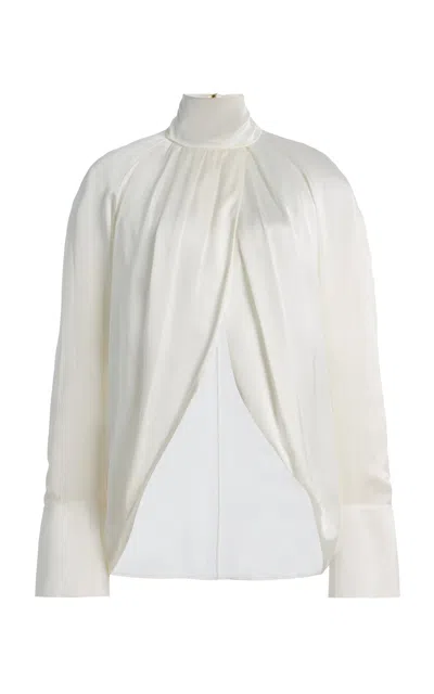 Balmain High Neck Long Sleeve Silk Blend Top In White
