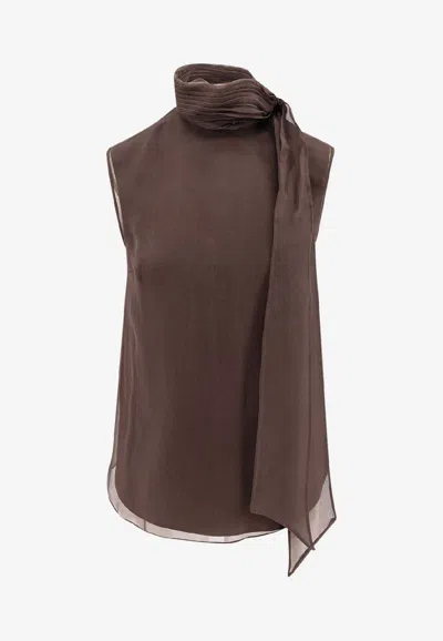 Brunello Cucinelli Women Crispy Silk Top With Lavalliere And Monili In Brown
