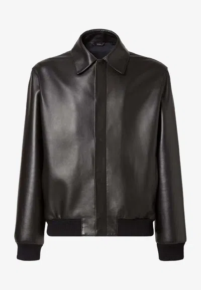 Fendi Pointed-collar Leather Jacket In Black