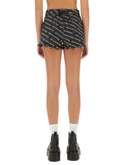 Alexander Wang Omens Grey Aged White Logo-print Bite Denim Shorts In Black