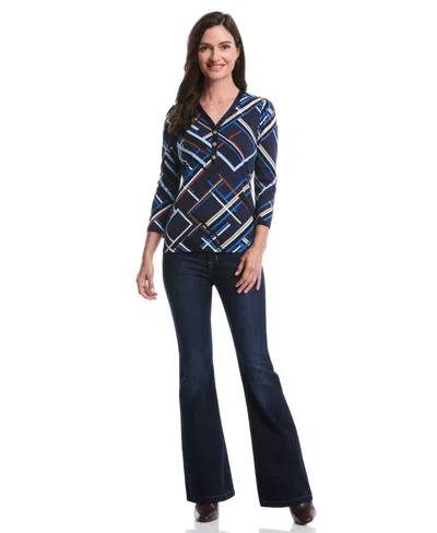 Rafaella Petite Tossed Stripe Print 3/4 Puff Sleeve V-neck Top In Blue