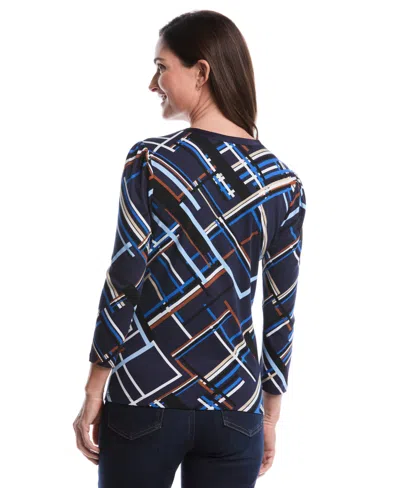 Rafaella Petite Tossed Stripe Print 3/4 Puff Sleeve V-neck Top In Blue