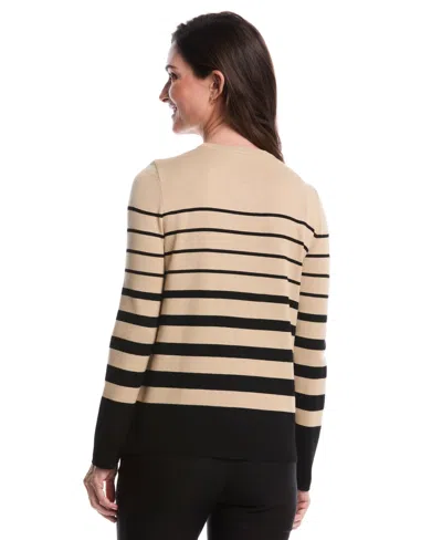 Rafaella Petite Striped Print Rivet Detail Long Sleeve Sweater In Brown