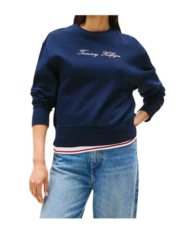 Tommy Hilfiger Logo Embroidery Pique Crew Neck Sweatshirt In Blue