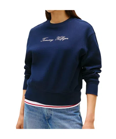 Tommy Hilfiger Logo Embroidery Pique Crew Neck Sweatshirt In Blue
