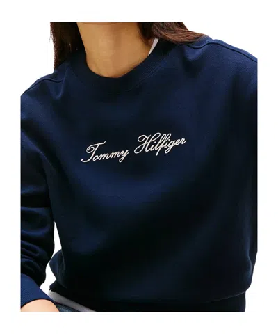 Tommy Hilfiger Logo Embroidery Pique Crew Neck Sweatshirt In Blue