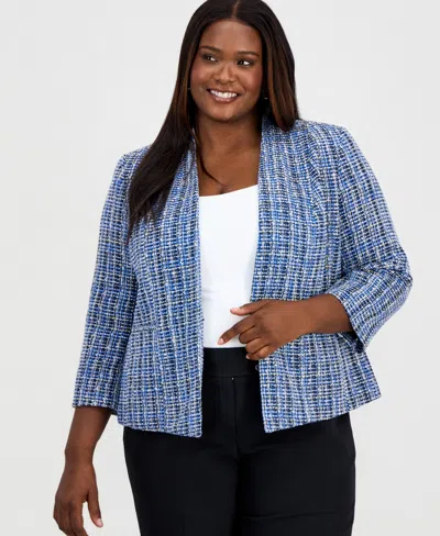 Kasper Plus Size Open-front 3/4-sleeve Tweed Cardigan In Multi
