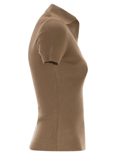 Max Mara Mxmalbero Short-sleeved Ribbed Polo Shirt In Brown