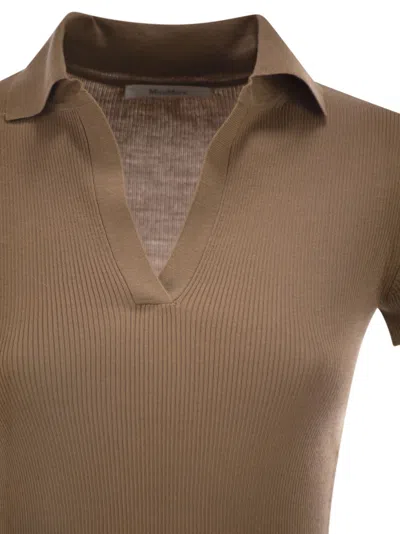 Max Mara Mxmalbero Short-sleeved Ribbed Polo Shirt In Brown