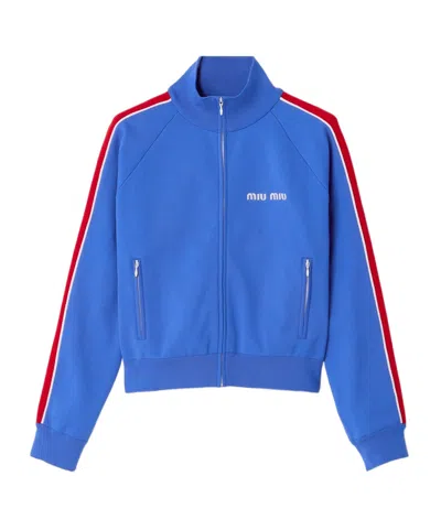 Miu Miu High Collar Cardigan Long Sleeves Stripes In Blue