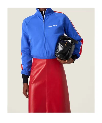 Miu Miu High Collar Cardigan Long Sleeves Stripes In Blue