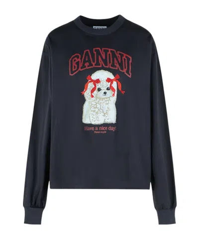 Ganni Organic Cotton Crew Neck Graphic Sweater In Blue