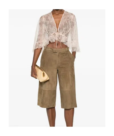 Alberta Ferretti Lace Cropped Top Sheer Flared Sleeves Drawstring In Neutral
