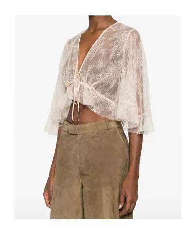 Alberta Ferretti Lace Cropped Top Sheer Flared Sleeves Drawstring In Neutral