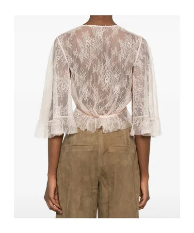 Alberta Ferretti Lace Cropped Top Sheer Flared Sleeves Drawstring In Neutral