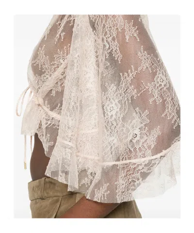 Alberta Ferretti Lace Cropped Top Sheer Flared Sleeves Drawstring In Neutral
