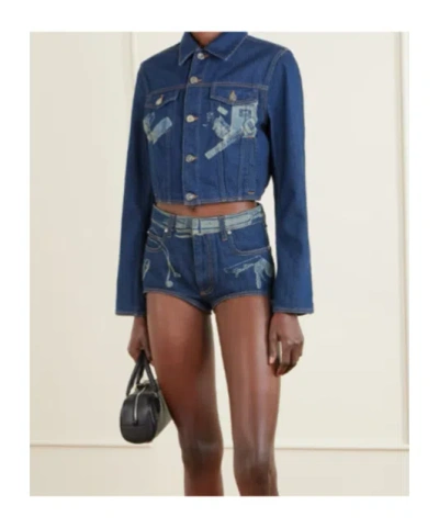 Jean Paul Gaultier Womens Vintage Blue Printed Cropped Denim Jacket