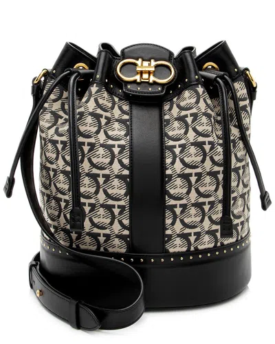 Ferragamo Beige & Black Canvas & Leather Studded Mufasa Bucket Bag (authentic Pre-loved) In Burgundy