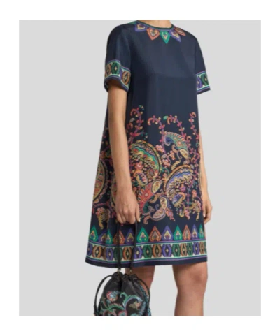 Etro Women Blue Paisley-print Habotai Silk Tunic Short Dress In Multi