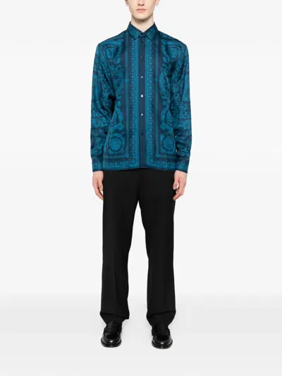 Versace Informal Shirt Silk Twill Fabric Barocco 92 Print Shirts Blue In Blue