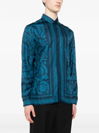 Versace Informal Shirt Silk Twill Fabric Barocco 92 Print Shirts Blue In Blue