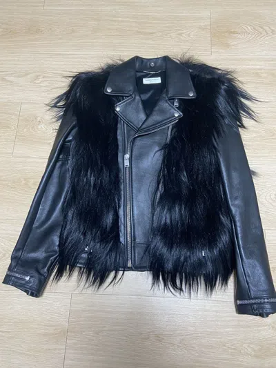 Pre-owned Saint Laurent 46  Goat Fur Leather Rider Jacket In Black