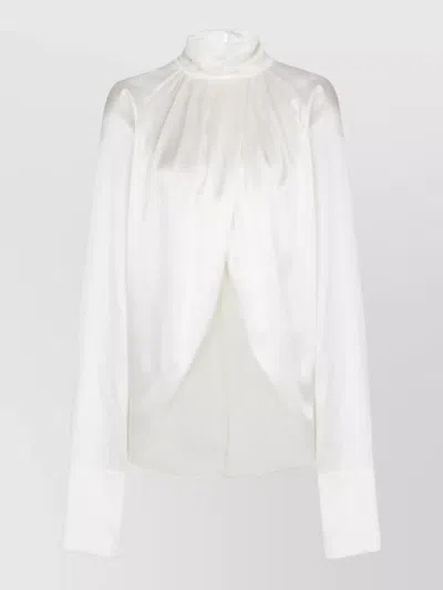 Balmain High Neck Long Sleeve Silk Blend Top In White