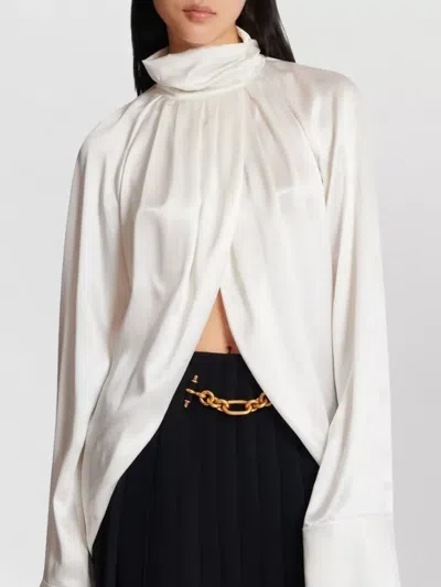 Balmain High Neck Long Sleeve Silk Blend Top In White