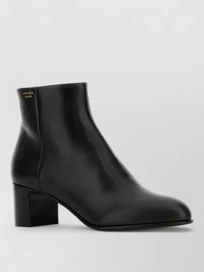 Prada Leather Ankle Boots Block Heel Design In Black